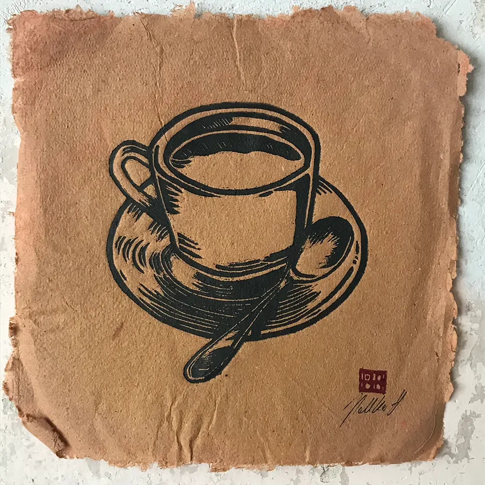 coffee cup linoprint printed by Ronja Hollkott on handmade paper